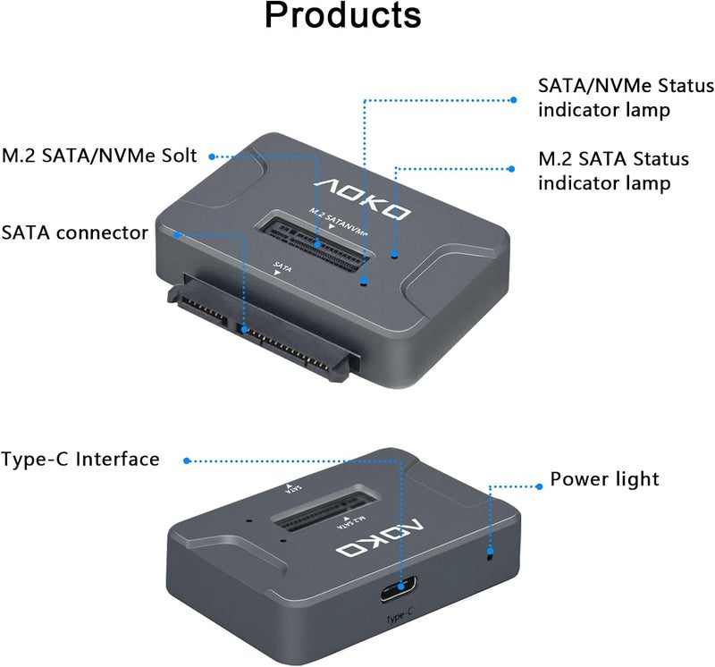 AOKO محطة قراءة SSD NVMe إلى USB 3.2 (10Gbps) - محول USB محمول لـ M.2 SSD حاوية خارجية لـ NVMe SSD و M.2 PCIe NVMe و M.2 SATA SSD، متوافق مع محرك SATA 2.5'' - Image 2